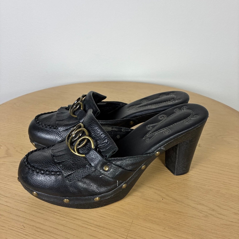 Vintage Leather Fringe Clog Mules Studded Block Heel Women's 7.5 90s Y2K Chunky